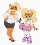  activision anthro bandicoot big_breasts breasts cleavage clothed clothing coco_bandicoot computer crash_bandicoot_(series) duo female footwear hi_res high_heels holding_object laptop legwear looking_at_viewer mammal marsupial midriff omegasunburst pen school_uniform shirt socks student tawna_bandicoot teacher teacher_and_student thigh_highs thigh_socks tied_shirt topwear uniform video_games 