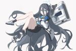  1girl absurdly_long_hair arisu_(blue_archive) black_skirt blue_archive blue_eyes blue_hair blue_necktie clutching_clothes collared_shirt dark_blue_hair floating full_body halo highres im_catfood leg_up long_hair looking_at_viewer necktie railgun shirt shoes side_ponytail skirt smile sneakers socks solo very_long_hair white_shirt 
