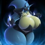  1:1 2022 3_fingers absurd_res anthro big_breasts black_body black_fur blue_body blue_fur breasts cleavage clothed clothing drakonst female fingers fur generation_4_pokemon gradient_background hi_res lucario nintendo open_mouth pokemon pokemon_(species) simple_background solo spikes spikes_(anatomy) topwear video_games 