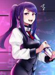  1girl alternate_hairstyle bartender black_vest breasts cocktail_shaker collared_shirt highres jill_stingray juliet_sleeves long_hair long_sleeves medium_breasts necktie ponytail puffy_sleeves purple_hair red_eyes red_necktie sawasa shirt sidelocks solo va-11_hall-a vest white_shirt 