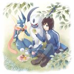  1boy absol bad_id bad_twitter_id bag black_hair blue_flower blue_jacket boots calem_(pokemon) eating flower greninja jacket looking_at_another male_focus meowstic meowstic_(male) poke_puff pokemon pokemon_(creature) pokemon_(game) pokemon_xy sitting smile yairo_(sik_s4) 