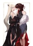  2girls arm_around_waist beidou_(genshin_impact) black_dress brown_hair closed_eyes dress gemr3ne genshin_impact hair_ornament hair_stick highres imminent_kiss long_hair multiple_girls ningguang_(genshin_impact) parted_lips tassel tassel_hair_ornament white_hair yuri 