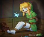  1boy arms_behind_back artist_name blonde_hair blue_eyes boots boots_removed fairy gagged green_shirt indoors kidnapped link male_focus medium_hair navi ninja-gokko on_floor pantyhose pointy_ears restrained shibari shibari_over_clothes shirt sparkle the_legend_of_zelda the_legend_of_zelda:_ocarina_of_time white_pantyhose 