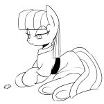  2014 bangs black_and_white boulder_(mlp) clothing earth_pony equid equine eyelashes feral friendship_is_magic half-closed_eyes hasbro hi_res hooves horse looking_down lying mammal marenlicious maud_pie_(mlp) monochrome my_little_pony narrowed_eyes pony rock simple_background solo underhoof white_background 