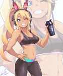  1girl ahoge blonde_hair blue_eyes blush bottle breasts cleavage commentary_request curly_hair hand_on_hip headset highres holding holding_bottle hori_shin long_hair looking_at_viewer medium_breasts muscular muscular_female one_eye_closed original pants ponytail signature smile sports_bra sports_drink sweat tsurime yoga_pants zoom_layer 