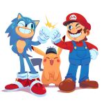  2boys blue_overalls collared_shirt crossover detective_pikachu detective_pikachu_(character) detective_pikachu_(movie) facial_hair furry furry_male gloves hatted_pokemon highres mario mario_(series) multiple_boys multiple_crossover mustache overalls pikachu pokemon pokemon_(creature) red_footwear shirt shoes simple_background smile sneakers sonic_(series) sonic_the_hedgehog sonic_the_hedgehog_(film) super_mario_bros._(2023_film) supsross trait_connection white_gloves 