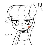  2014 bangs black_and_white clothing earth_pony ellipsis equid equine female feral friendship_is_magic hair half-closed_eyes hasbro hi_res horse kiss_mark long_hair mammal marenlicious maud_pie_(mlp) monochrome musical_note my_little_pony narrowed_eyes one_ear_up pony simple_background solo topwear white_background 