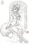  2022 anthro beverage breasts canid canine cleavage clothed clothing coffee container cup female fox greyscale hair hi_res kacey looking_at_viewer mammal monochrome panties red_fox shirt smile solo steam tea_cup topwear underwear window 