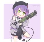  1girl apex_legends aran_sweater bangs beret black_headwear black_skirt blush_stickers cardigan chibi collared_shirt colored_inner_hair commentary demon_girl demon_tail ear_piercing english_commentary fake_horns frilled_shirt frills green_eyes grey_cardigan gun hair_ornament hairclip hat highres holding holding_gun holding_weapon hololive horned_headwear horns jirai_kei kukie-nyan loose_socks m1904_mastiff multicolored_hair multiple_piercings open_cardigan open_clothes piercing pink_hair purple_hair shirt skirt sleeveless sleeveless_shirt socks solo streaked_hair suspender_skirt suspenders sweater swept_bangs tail tail_ornament tail_piercing tokoyami_towa twitter_username v-shaped_eyebrows virtual_youtuber weapon white_shirt white_socks 