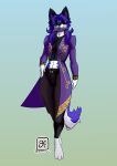  absurd_res anthro black_body black_clothing black_fur blue_eyes canid canine clothing fox freckles fur gamesfan hair hi_res male mammal markings multicolored_body multicolored_fur paws purple_body purple_clothing purple_fur purple_hair purple_tail smile solo two_tone_body two_tone_fur two_tone_tail white_body white_fur white_tail yellow_clothing 