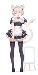  1girl absurdres alternate_costume animal_ears apron black_dress black_footwear blush cat_ears cat_tail closed_eyes dress enmaided full_body hair_between_eyes highres kantai_collection maid maid_apron maid_headdress open_mouth puffy_short_sleeves puffy_sleeves ryo_(tg290) shoes short_hair short_sleeves smile solo tail thighhighs white_apron white_background white_hair wrist_cuffs z1_leberecht_maass_(kancolle) 