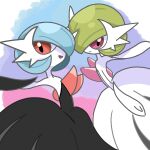  2girls alternate_color artist_name blue_eyes blue_hair gardevoir green_hair looking_at_viewer mega_evolution mega_gardevoir mega_pokemon multiple_girls non-web_source pokemon pokemon_(game) pokemon_xy shiny_pokemon source_request 