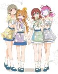  4girls alternate_height brown_hair emma_verde flower green_eyes grey_hair hair_down hair_ornament height_difference height_switch highres holding_hands konoe_kanata long_hair looking_at_another love_live! love_live!_nijigasaki_high_school_idol_club mask monowe multiple_girls nakasu_kasumi pink_hair purple_eyes red_eyes short_hair tennouji_rina 