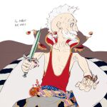  1boy armpit_hair beard cape earrings facial_hair final_fantasy final_fantasy_vi highres holding holding_knife holding_weapon jewelry knife male_focus mohawk mustache oju_(ouka) old old_man red_shirt sash shirt solo square_enix stragus_magus tank_top weapon white_hair 