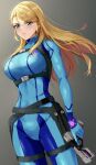  1girl absurdres amayo_thranana bangs blonde_hair blue_bodysuit bodysuit breasts floating_hair gradient gradient_background green_eyes grey_background gun hair_down highres holding holding_gun holding_weapon large_breasts lips long_hair long_sleeves looking_at_viewer metroid mole mole_under_mouth paralyzer samus_aran shiny shiny_hair skin_tight solo trigger_discipline turtleneck weapon zero_suit 
