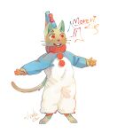  anthro clothing clown domestic_cat exclamation_point felid feline felis happy hat headgear headwear junkochi male mammal open_mouth pierrot_costume red_eyes red_nose solo tiny_hands whiskers 