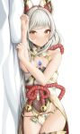  1girl animal_ears bangs bare_arms blush chest_jewel closed_mouth covered_navel cowboy_shot facial_mark grey_hair highleg highleg_leotard highres leotard long_hair lying nia_(blade)_(xenoblade) nia_(xenoblade) on_side sleeveless smile solo very_long_hair white-paka xenoblade_chronicles_(series) xenoblade_chronicles_2 yellow_eyes 