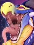  artist_name blue_body bodily_fluids dragon feral frill_(anatomy) glistening glistening_eyes grey_frill head_crest head_frill hi_res looking_at_viewer mouth_shot narrowed_eyes open_mouth pink_eyes pink_sclera pink_tongue pupils saliva saliva_on_tongue saliva_string santanahoffman sharp_teeth simple_background slit_pupils solo teeth tongue yellow_body 