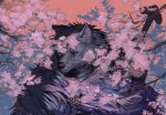  2022 anthro biped blaidd_(elden_ring) canid canine canis cherry_blossom cloak clothing digital_media_(artwork) elden_ring eruprior facial_scar fangs fromsoftware fur grey_body grey_fur hi_res looking_at_viewer male mammal melee_weapon orange_background plant purple_eyes scar simple_background smile solo sword video_games weapon wolf 