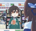  1boy 2girls bag_of_chips black_hair blue_hairband bottle brown_eyes brown_hair camouflage camouflage_hairband chibi clock commentary convenience_store counter english_commentary food_request from_behind genshin_impact green_jacket hairband highres hu_tao_(genshin_impact) indoors jacket lawson long_hair long_sleeves multiple_girls open_mouth shop short_hair track_jacket very_long_hair xinzoruo yelan_(genshin_impact) zhongli_(genshin_impact) 