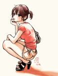  1girl alternate_hairstyle bag breasts brown_eyes brown_hair from_side handbag hare-kon. head_rest high_heels highres maezono_koharu medium_breasts non_(mangaka) red_shirt shirt short_ponytail short_shorts shorts signature solo squatting t-shirt 