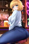  1girl :o absurdres alcohol ass bag bangs bar beer blonde_hair blue_eyes blunt_bangs blurry blurry_background blush breasts denim from_side handbag highres jeans large_breasts long_hair looking_at_viewer mature_female medium_hair neon_lights open_mouth original pants pov sitting solo stool thighs uzzy2801 