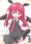  1girl bat_wings clothes_lift hamaburicchi head_wings juliet_sleeves koakuma lifted_by_self long_hair long_sleeves necktie open_mouth puffy_sleeves red_eyes red_hair shirt shoes skirt skirt_hold skirt_lift solo touhou wings 