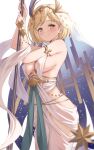  1girl blonde_hair blush breasts djeeta_(granblue_fantasy) dress granblue_fantasy highres holding holding_polearm holding_weapon kimblee looking_at_viewer medium_breasts panacea_(granblue_fantasy) polearm short_hair simple_background smile solo veil weapon white_background white_dress yellow_eyes 