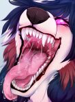  anthro artist_name black_nose blue_background blue_hair bodily_fluids canid eyelashes female front_view fur glistening glistening_eyes hair hi_res mammal mouth_shot narrowed_eyes no_pupils open_mouth pink_eyes pink_sclera pink_tongue red_hair saliva saliva_on_tongue saliva_string santanahoffman simple_background solo tongue tongue_out uvula white_body white_fur wihih 