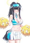  1girl absurdres animal_ears black_hair blue_archive blue_eyes blue_skirt breasts cheerleader cowboy_shot crop_top dog_ears dog_girl dog_tail eyewear_on_head goggles goggles_on_head halo hibiki_(blue_archive) hibiki_(cheerleader)_(blue_archive) highres holding holding_pom_poms kirin3145 large_breasts miniskirt multicolored_clothes multicolored_skirt navel official_alternate_costume pleated_skirt pom_pom_(cheerleading) simple_background skirt solo standing sticker_on_arm sticker_on_face tail twintails white_background white_skirt 