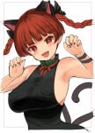  1girl :d animal_ears bangs blunt_bangs blush braid breasts cat_ears cat_tail claw_pose covered_nipples dress fang hamaburicchi kaenbyou_rin looking_at_viewer multiple_tails nail_polish nekomata red_eyes red_hair red_nails smile solo tail touhou twin_braids twintails two_tails unfinished upper_body 