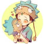  1boy blush brown_hair character_doll closed_eyes doll holding holding_doll morty_smith noko6 pocket_mortys rick_and_morty rick_sanchez short_hair smile solo stuffed_toy super_rick_fan_morty 