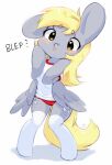  blonde_hair bottomwear bubbletea_(artist) clothing cutie_mark derpy_hooves_(mlp) dialogue digital_media_(artwork) equid equine eyebrow_through_hair eyebrows feathered_wings feathers female friendship_is_magic grey_body gym_clothing hair hasbro mammal my_little_pony one_ear_up panties pegasus semi-anthro signature simple_background solo standing tongue tongue_out topwear translucent translucent_hair underwear white_background wings yellow_eyes yellow_tail 