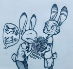  2022 absurd_res anthro bottomwear canid canine clothed clothing disney flower fox fully_clothed fur hi_res holding_flower holding_object inktober jack_savage judy_hopps lagomorph leporid mammal monochrome nick_wilde plant rabbit red_fox shirt shorts skye_(zootopia) smile standing t-shirt theblueberrycarrots topwear traditional_media_(artwork) zootopia 