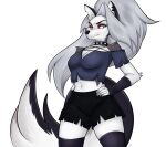  anthro bottomwear breasts canid canid_demon clothed clothing collar demon ear_piercing female fluffy fluffy_tail fully_clothed fur grey_hair hair hand_on_hip hellhound helluva_boss long_hair loona_(helluva_boss) mammal midriff navel piercing pupils red_sclera shorts slit_pupils solo spiked_collar spikes villmix white_body white_fur 