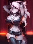  2022 anthro big_breasts black_body black_bottomwear black_clothing black_fur black_shorts bottomwear breasts canid canid_demon clothed clothing demon female fur general-irrelevant grey_body grey_fur hellhound helluva_boss hi_res loona_(helluva_boss) mammal multicolored_body multicolored_fur shorts solo white_body white_fur 