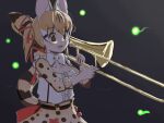  1girl animal_costume animal_ear_fluff animal_ears belt bow bowtie brown_eyes brown_hair bug cat_ears cat_girl cat_tail extra_ears firefly highres instrument kemono_friends kemono_friends_v_project large-spotted_genet_(kemono_friends) long_hair multicolored_hair night open_mouth ribbon shirt simple_background skirt solo tail trombone twintails virtual_youtuber y0whqzz8bkslezl 