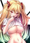  1girl ahoge akeyama_kitsune arm_behind_back azur_lane bangs black_background blonde_hair bluecher_(azur_lane) blush breasts clothes_lift crossed_bangs dot_nose gradient_hair hair_between_eyes hand_up lifted_by_self long_hair looking_at_viewer multicolored_hair navel no_bra open_mouth shirt shirt_lift short_sleeves skindentation solo sweat two_side_up underboob very_long_hair white_background white_shirt wide_hips 