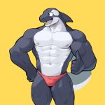  2022 abs anthro biceps big_muscles bulge cetacean clothing delphinoid fin gesture hand_on_hip hi_res jrjresq male mammal marine muscular muscular_anthro muscular_male navel nipples obliques oceanic_dolphin open_mouth open_smile orca pecs pete_(jrjresq) simple_background smile solo standing teeth thong thumbs_up tongue toothed_whale underwear yellow_background 