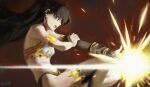  1girl asymmetrical_legwear asymmetrical_sleeves black_hair breasts detached_sleeves earrings elvafirst fate/grand_order fate_(series) finger_gun firing from_side hoop_earrings ishtar_(fate) jewelry open_mouth red_eyes signature single_detached_sleeve single_thighhigh small_breasts solo thighhighs 