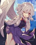  1girl angel_wings bow bowtie braid breasts buttons cardigan dress eyelashes feathered_wings feathers finger_to_mouth french_braid grey_hair highres kishin_sagume kyouda_suzuka long_sleeves looking_at_viewer medium_breasts one_eye_closed open_cardigan open_clothes purple_dress purple_nails red_bow red_bowtie red_eyes short_hair single_wing solo touhou wings 