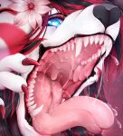  &lt;3 &lt;3_eyes anthro artist_name black_hair black_nose blue_eyes bodily_fluids canid claws fangs female fur hair hi_res mammal mouth_shot open_mouth red_claws red_hair saliva saliva_on_tongue saliva_string santanahoffman sharp_teeth simple_background solo teeth uvula white_body white_fur 
