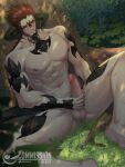  1boy abs absurdres au_ra blue_eyes censored final_fantasy final_fantasy_xiv gasp highres horns kurohitsuji_lim large_penis male_focus male_masturbation masturbation muscular nipples penis red_eyes red_hair scales spread_legs sweat 