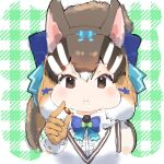  1girl acorn animal_costume animal_ear_fluff animal_ears bow bowtie brown_eyes brown_hair chabo-kun chipmunk_costume chipmunk_ears chipmunk_girl chipmunk_tail eating extra_ears gloves highres kemono_friends kemono_friends_v_project looking_at_viewer microphone multicolored_hair ribbon scarf shirt short_hair siberian_chipmunk_(kemono_friends) simple_background solo tail vest virtual_youtuber white_hair 