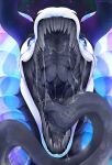 artist_name black_sclera blue_horn bodily_fluids cosmic_background ear_frill frill_(anatomy) front_view grey_teeth grey_tongue hi_res horn long_tongue mouth_shot no_pupils open_mouth purple_horn saliva saliva_on_tongue saliva_string santanahoffman sharp_teeth solo space space_background spiral_eyes star teeth tongue tongue_out white_body 