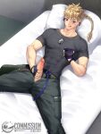  1boy absurdres blonde_hair blue_eyes censored highres kurohitsuji_lim male_focus male_masturbation masturbation mosaic_censoring muscular penis self_upload 