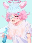  3:4 angel animal_humanoid areola big_breasts blue_eyes blush bodily_fluids bottled_water breasts clothing eyes_closed eyewear female galago_humanoid glasses gyaraco_(show_by_rock!!) hair halo hi_res huge_breasts humanoid mammal mammal_humanoid nipples open_mouth pink_eyes primate primate_humanoid sanrio shirt short_hair show_by_rock!! solo sweat t-shirt topwear translucent translucent_clothing wings 