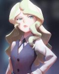  1girl blue_eyes blue_vest diana_cavendish elvafirst eyebrows_hidden_by_hair frown highres light_green_hair little_witch_academia long_hair solo upper_body vest wavy_hair 