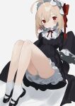  1girl absurdres ahoge alternate_costume ass black_dress black_footwear blonde_hair blush closed_mouth dress frilled_sleeves frills full_body hair_between_eyes hair_ribbon highres panties red_eyes red_ribbon ribbon rumia sh_(562835932) shoes short_hair simple_background sleeves_past_fingers sleeves_past_wrists socks solo touhou underwear white_background white_panties white_socks wide_sleeves 