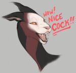  2022 ambiguous_gender anthro compliment english_text lechebestia looking_at_viewer mammal pupils reaction_image sharp_teeth simple_background slit_pupils solo teeth text yellow_eyes 